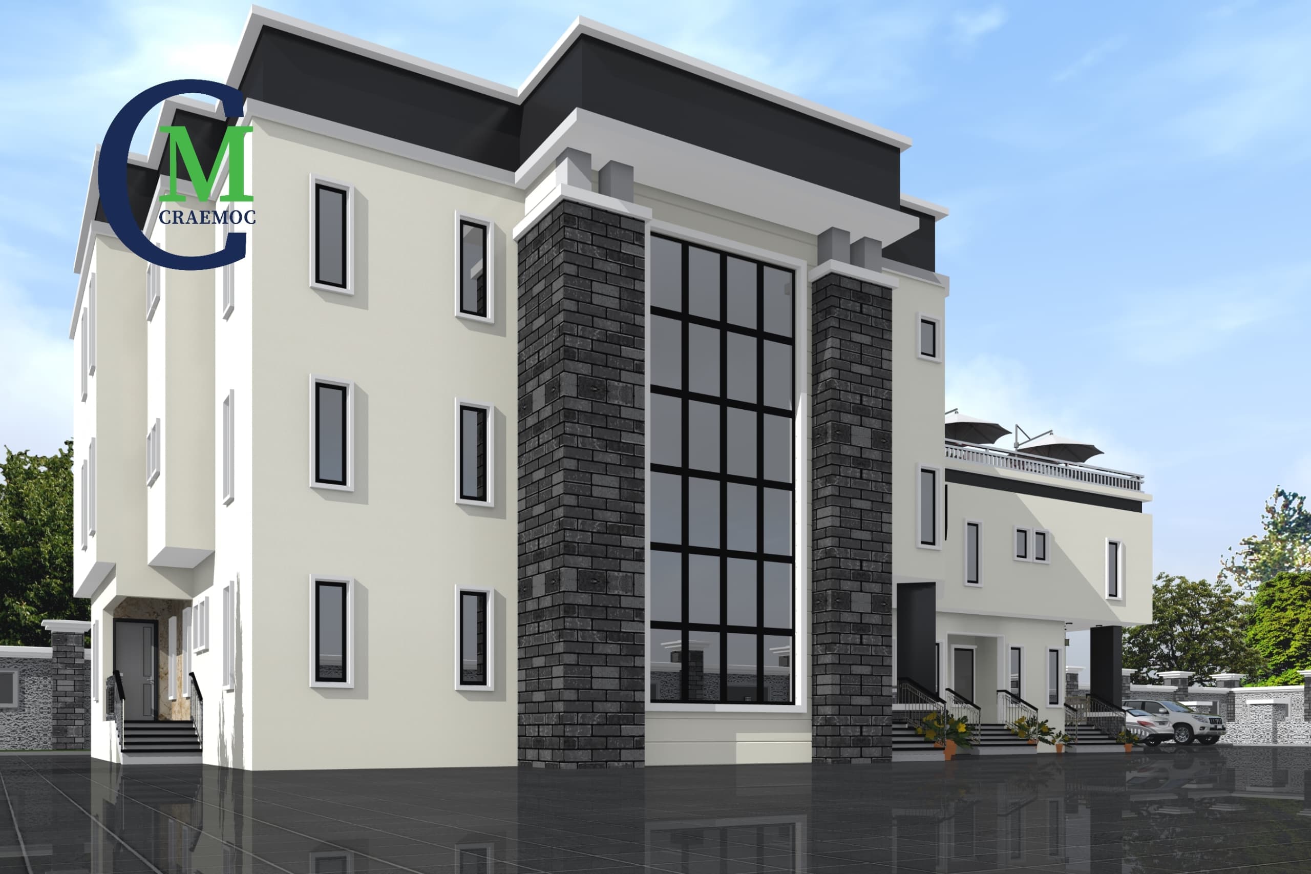 Three-storey commercial building with brick accent pillars and full-height glazing
