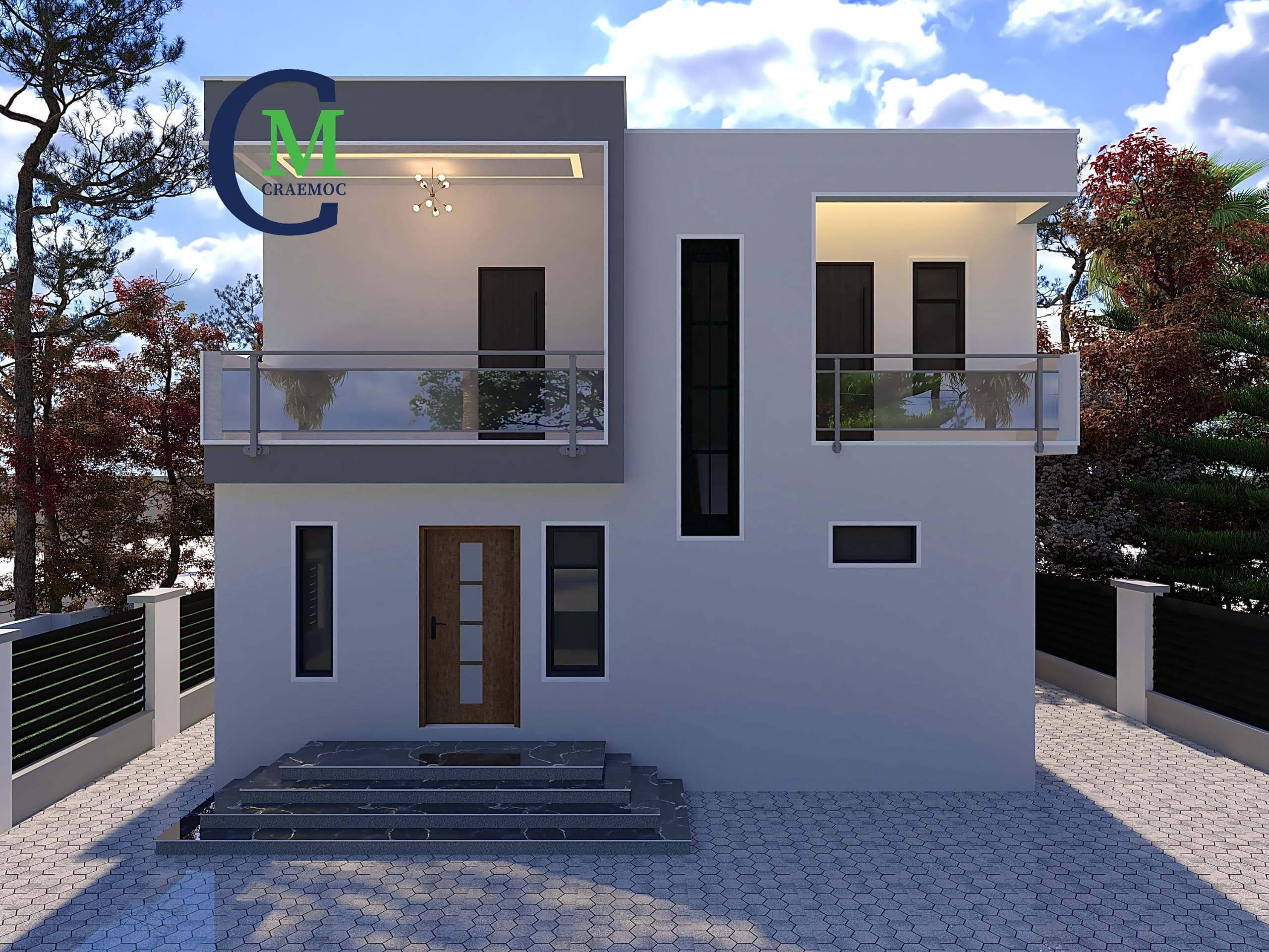 Modern cube-style home at dusk with illuminated interior visible through glass balcony