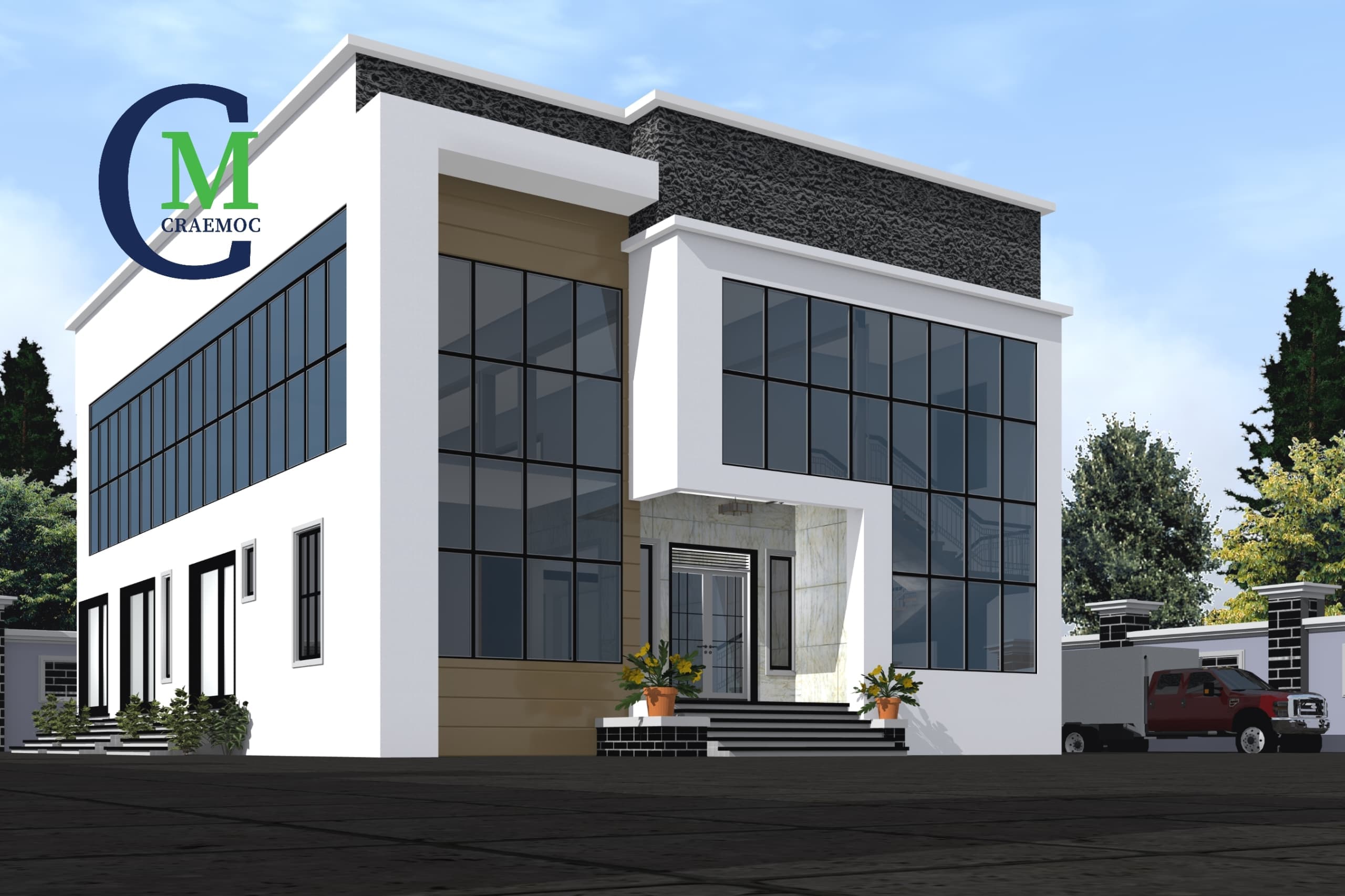 Modern office building with tall glazing and warm-toned accent panel