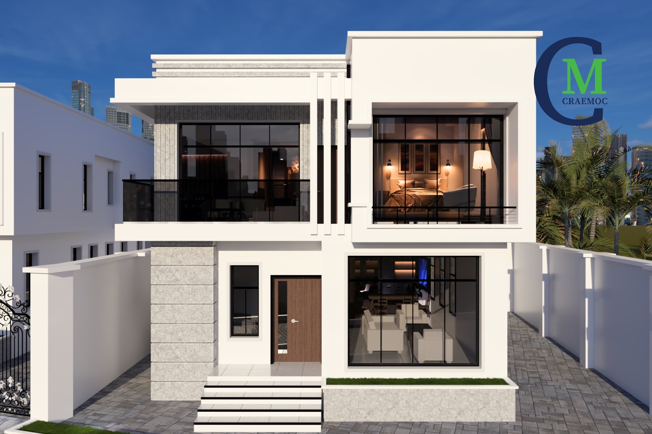 Contemporary home with furnished living room and bedroom visible through glass walls