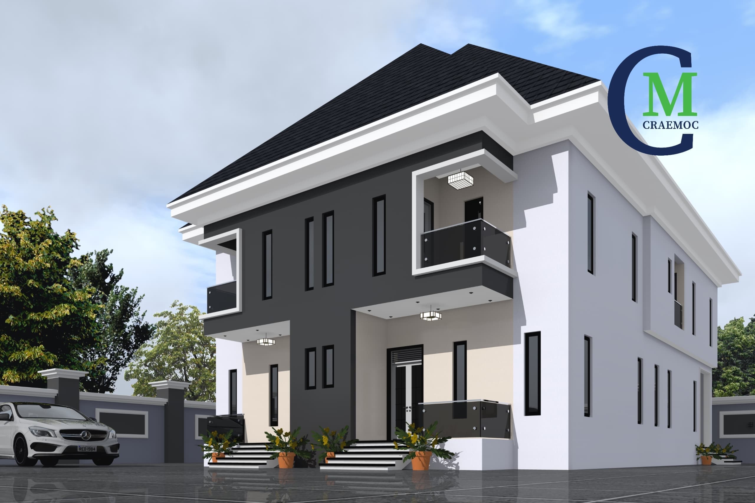 Angular two-storey duplex in dark grey and white with glass balconies