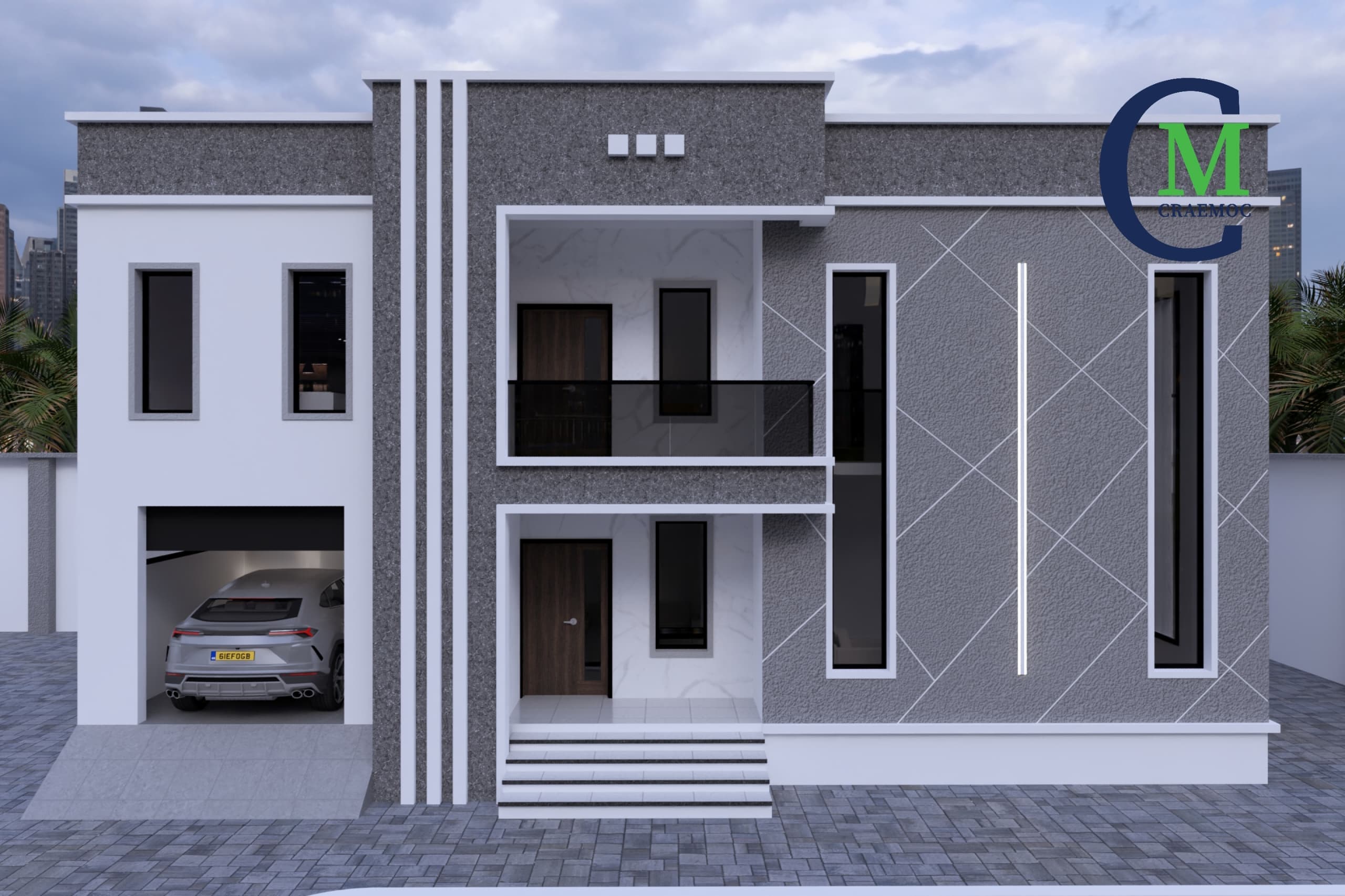 Modern grey home with diamond-pattern facade accents and enclosed garage