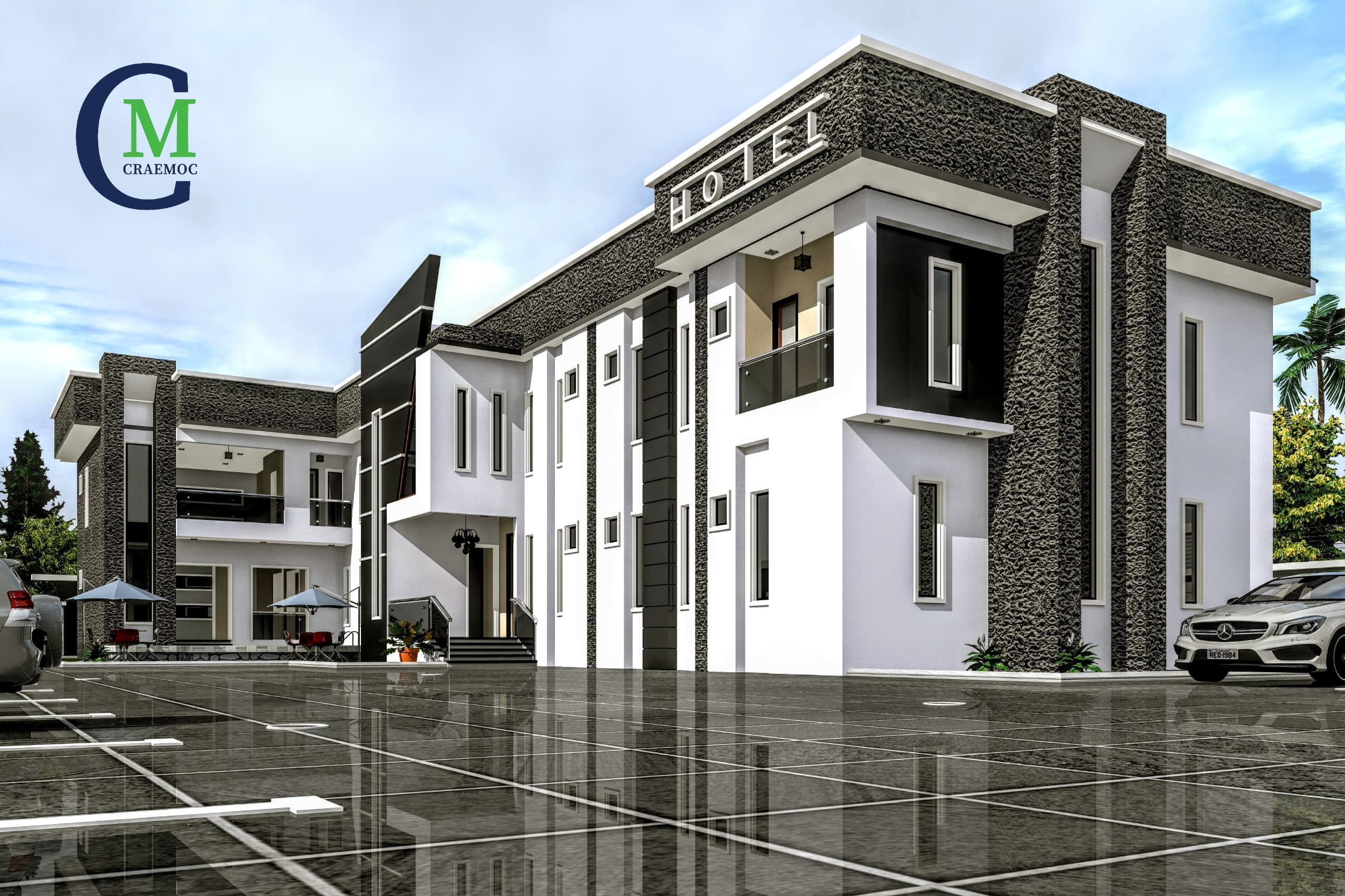 Multi-storey hotel building with rooftop lounge seating and parasols
