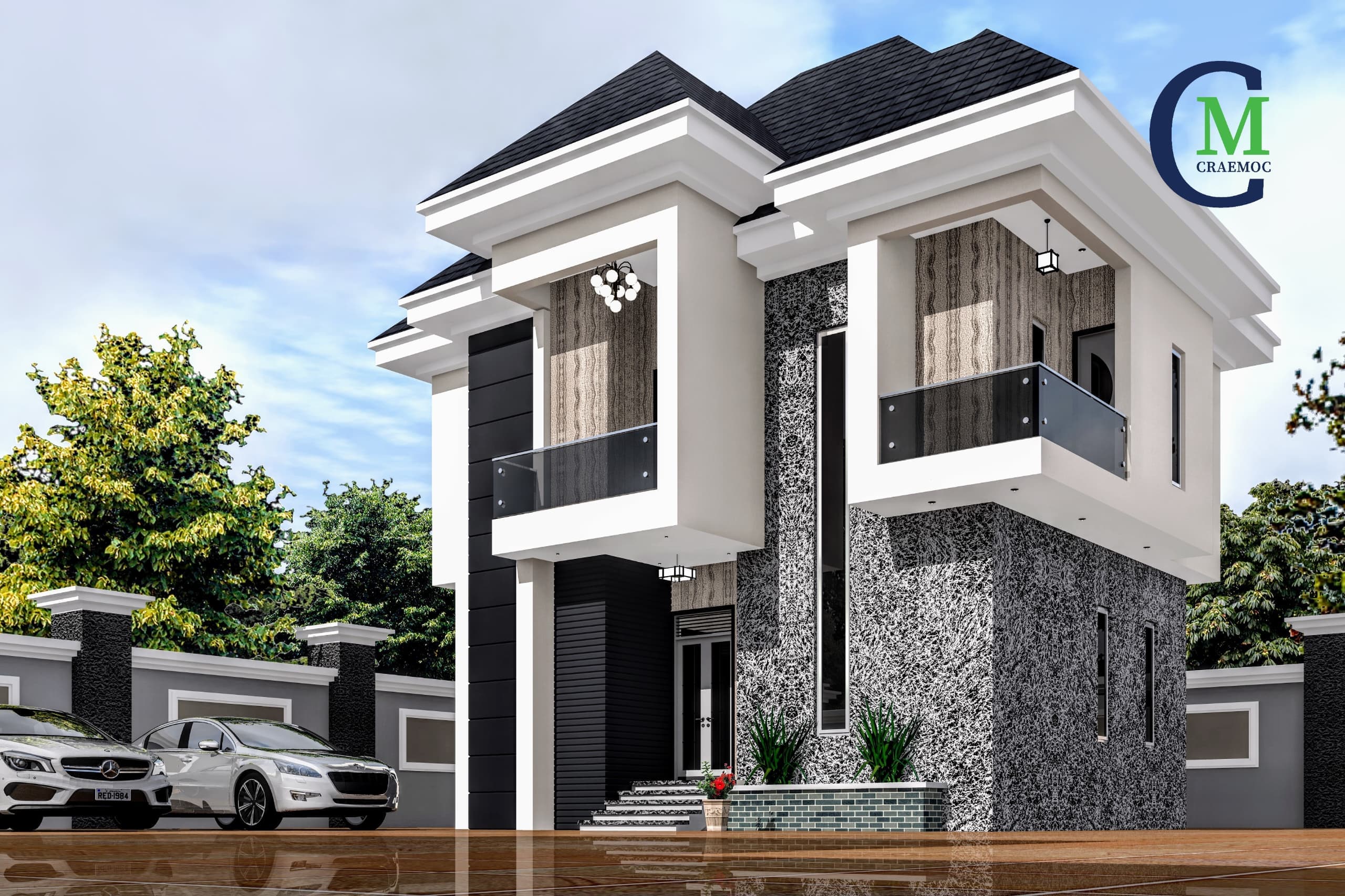 Twin duplex with mosaic-pattern wall accents and glass balconies