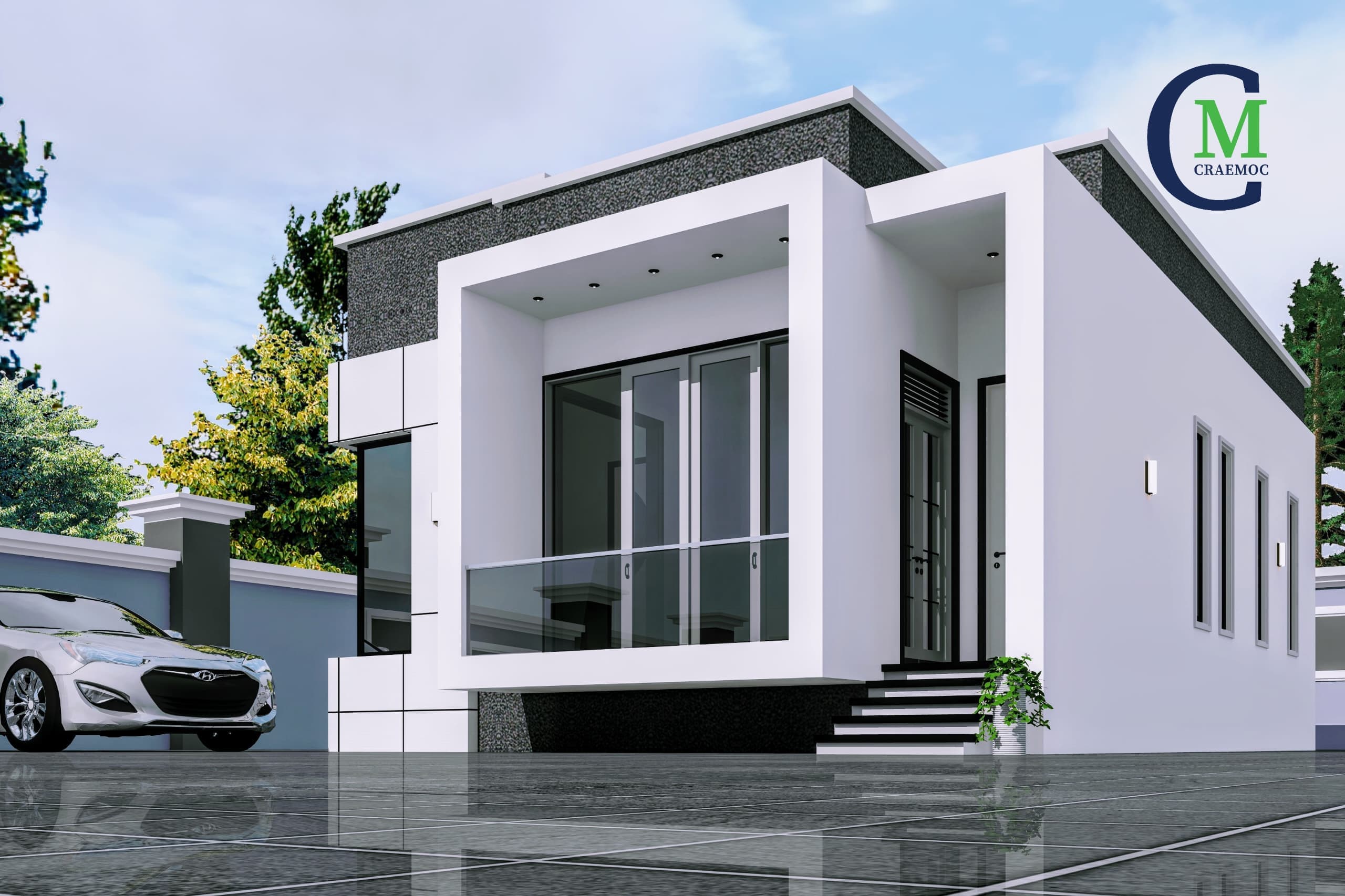 Minimalist white cube-style home with glass balcony and courtyard trees