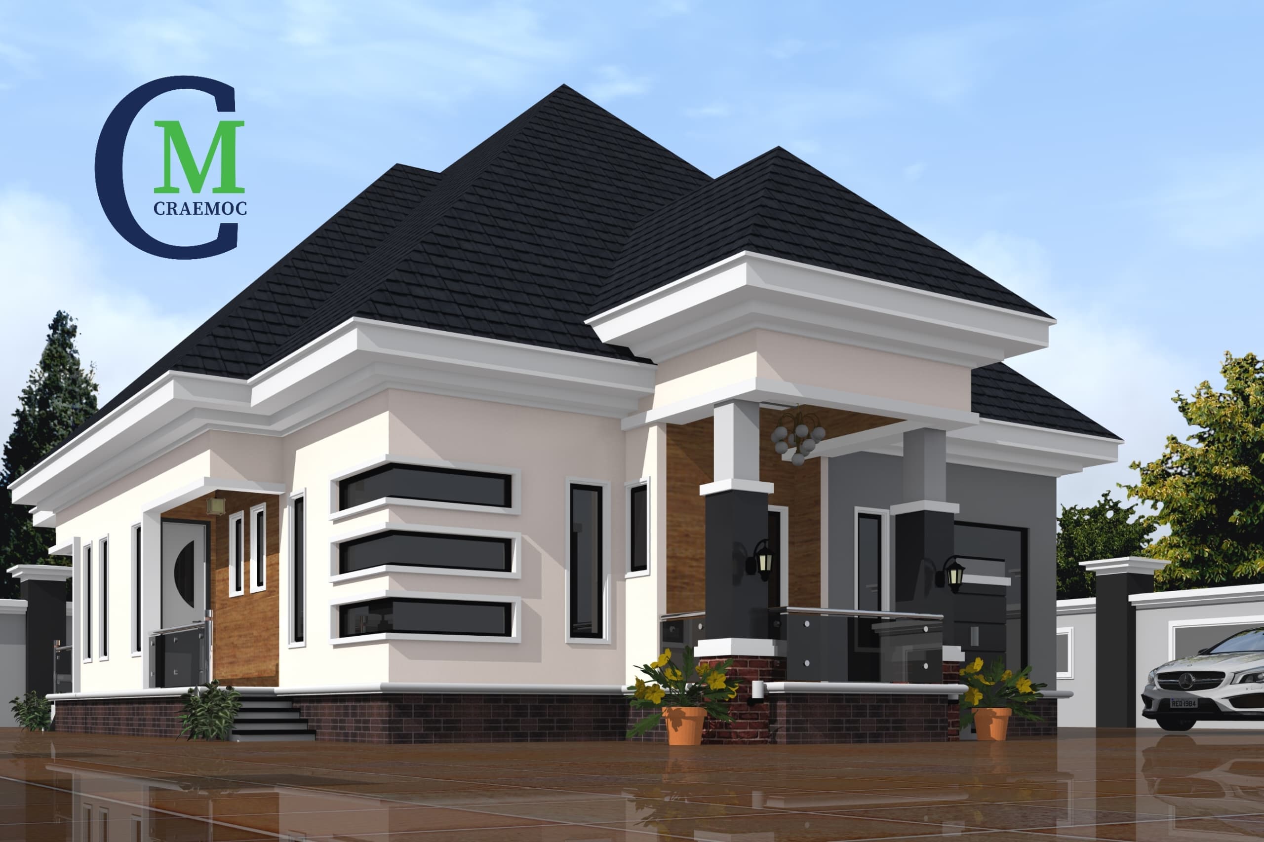 Bungalow with pyramid roof, wood door accents, and exposed brick base