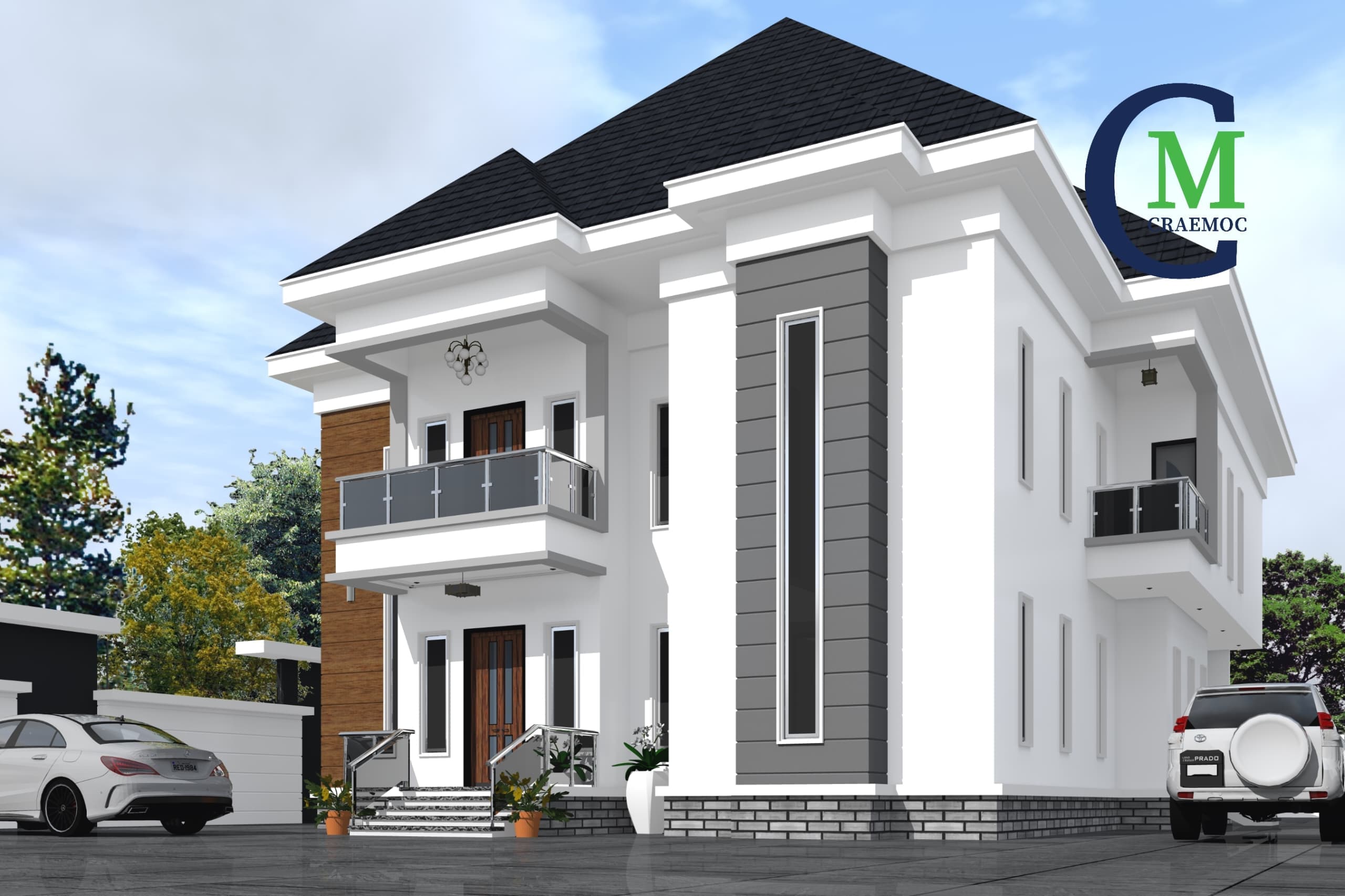 Two-storey white home with tall grey accent column and glass balcony