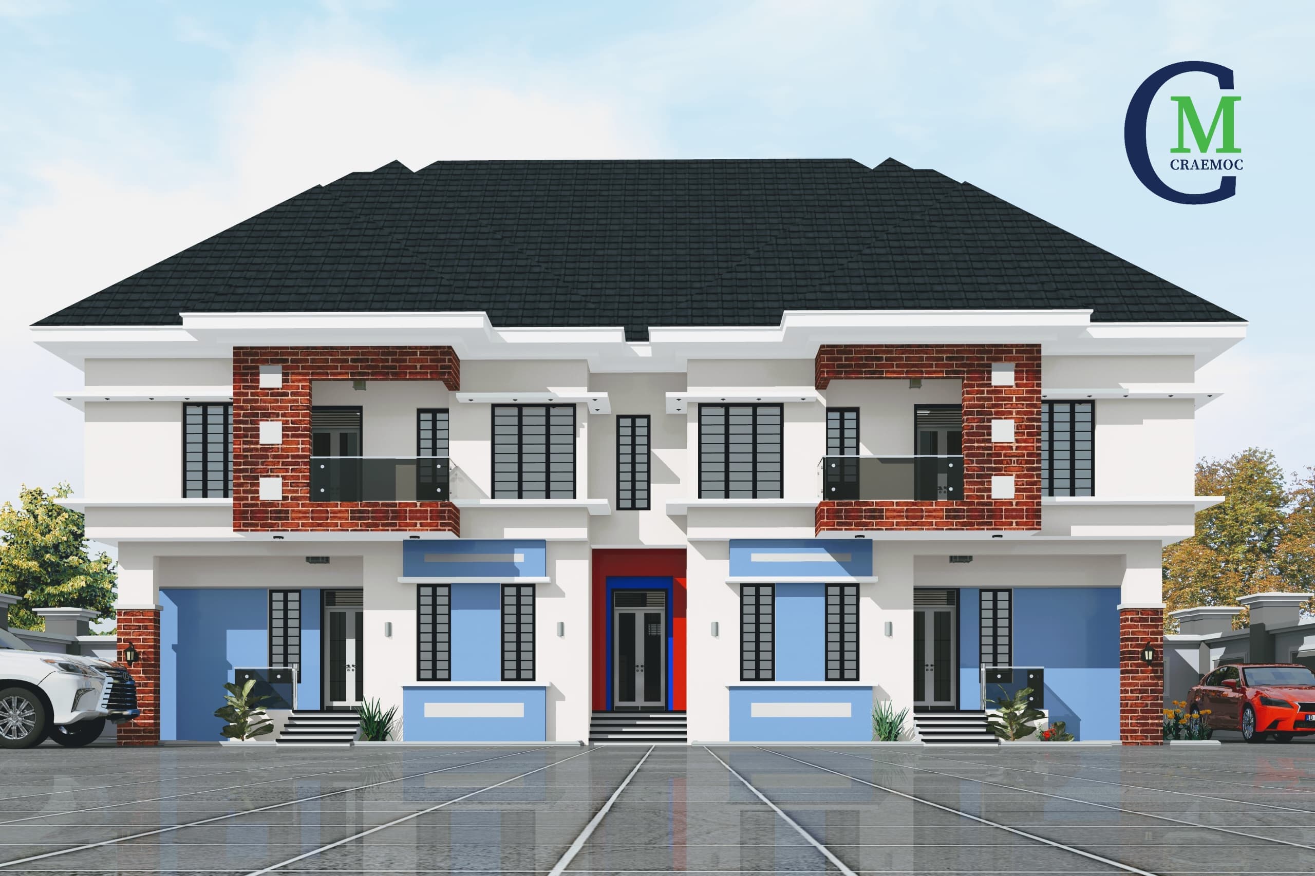Twin terrace duplex with brick trim and blue and red facade accents